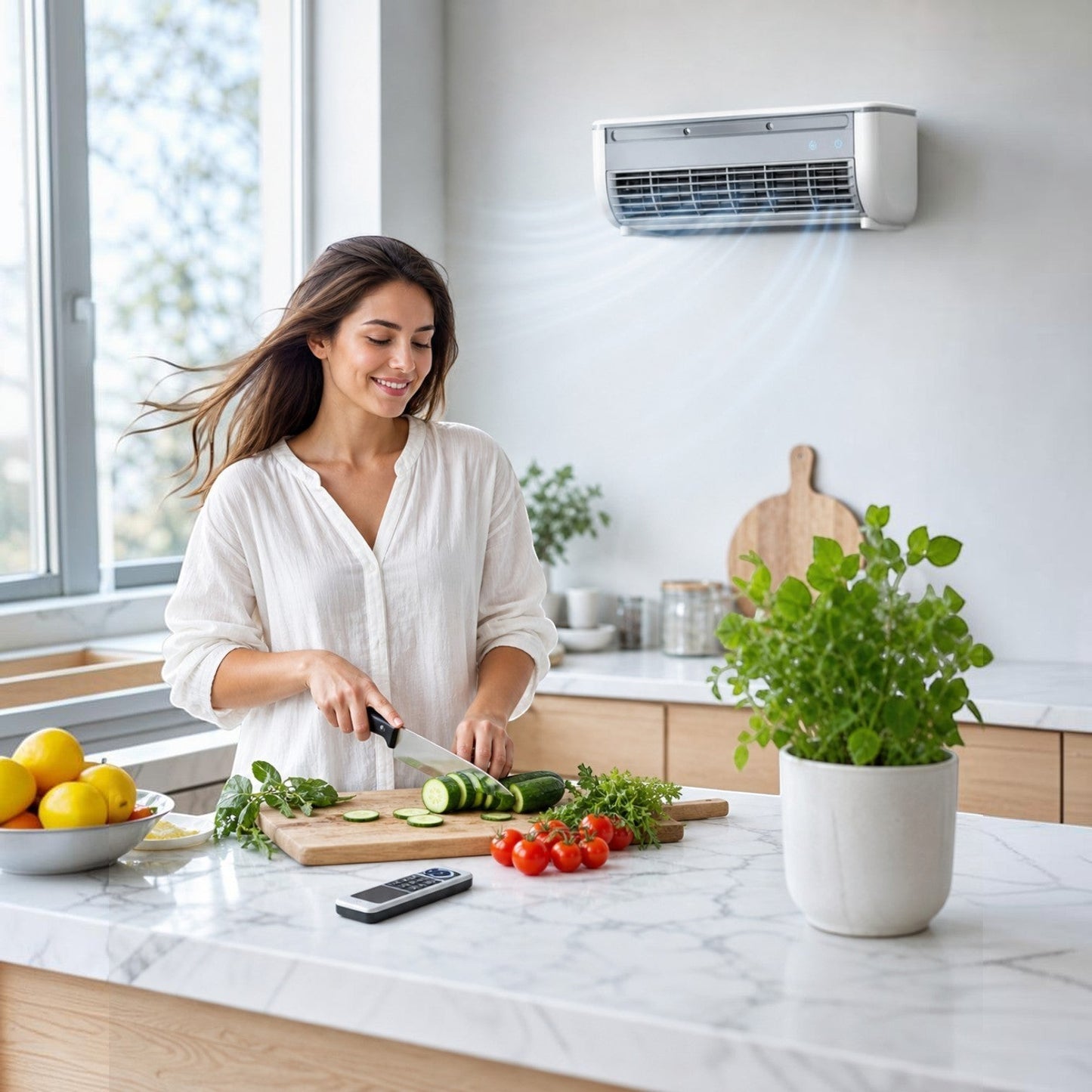Esteveo climatiseur mobile sans fil blanc et gris, mural ou posable, 3 vitesses, télécommande incluse.