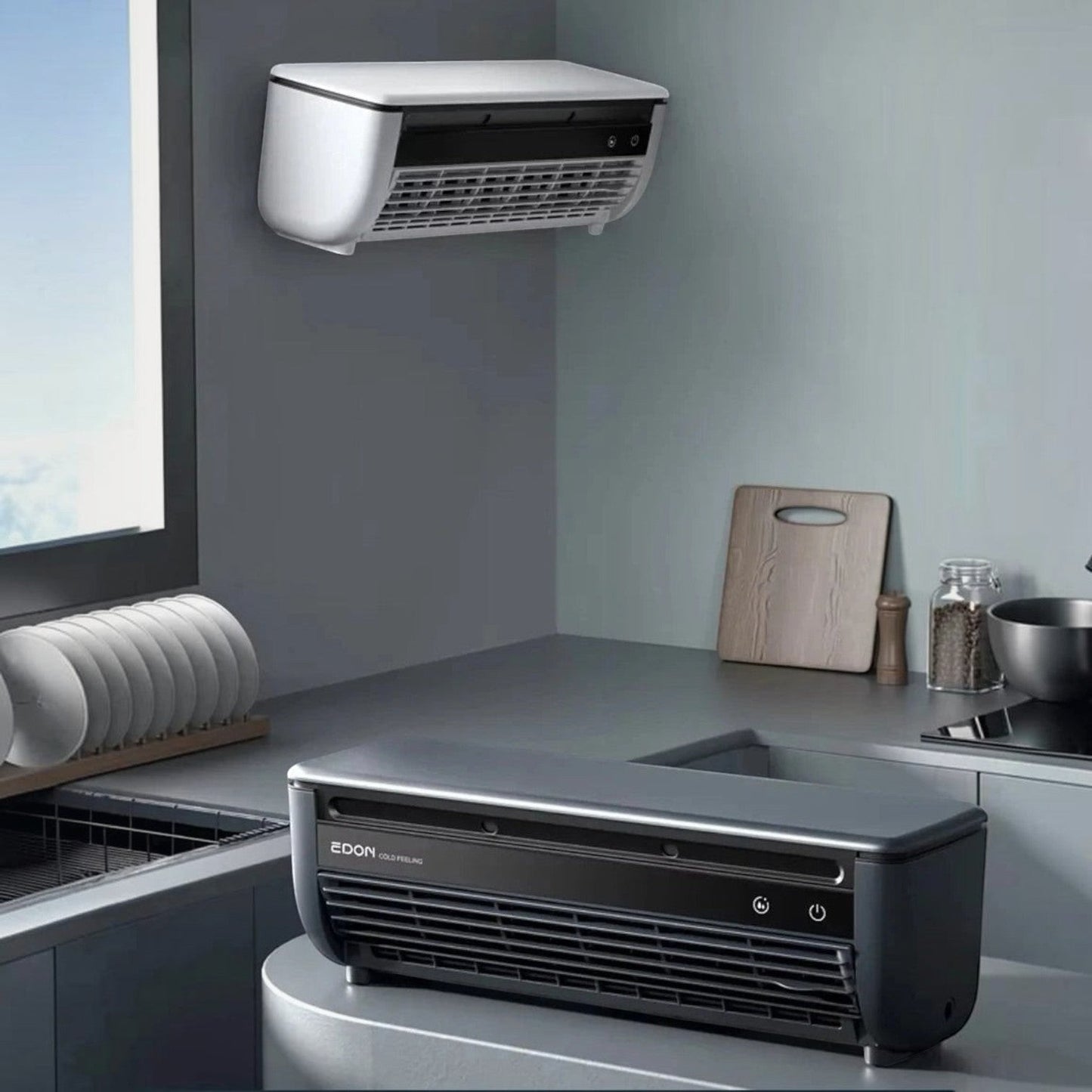 Climatiseur mobile rechargeable sans fil Esteveo, blanc, mural ou posable, 3 vitesses, idéal pour bureau ou cuisine.
