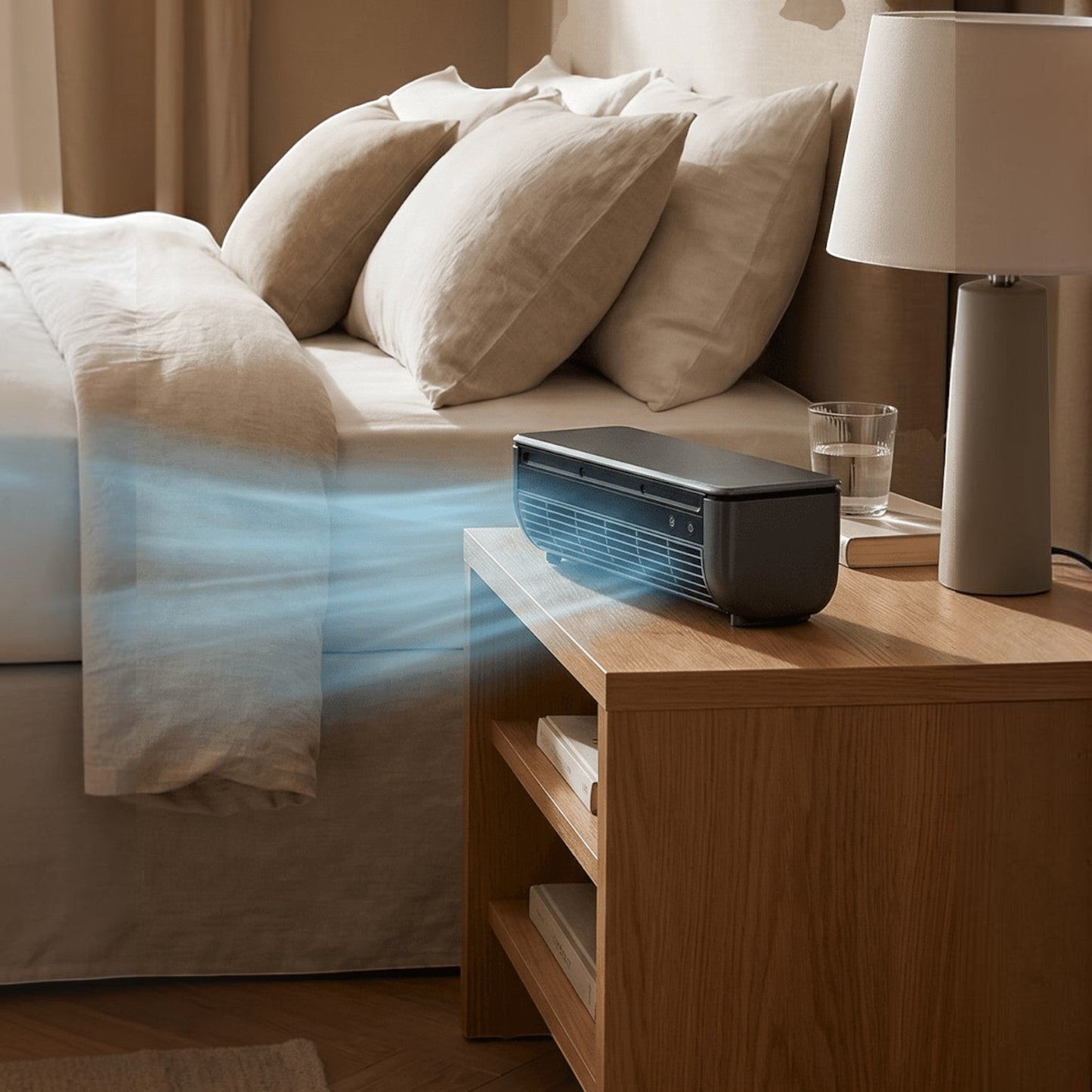 Climatiseur mobile sans fil Esteveo gris foncé, 3 vitesses, rechargeable USB, idéal pour bureau ou chevet.